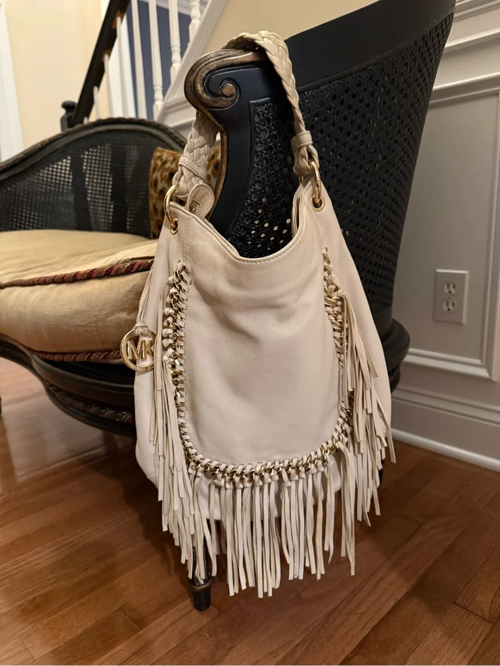 Authentic Michael Kors Vienna Cream Leather Fringe Hobo Bag Gold Chain